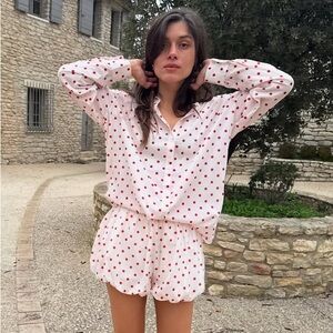 NWT Posse Paloma Oversized Button Up Down Shirt Top Petite Polka Dot Red White